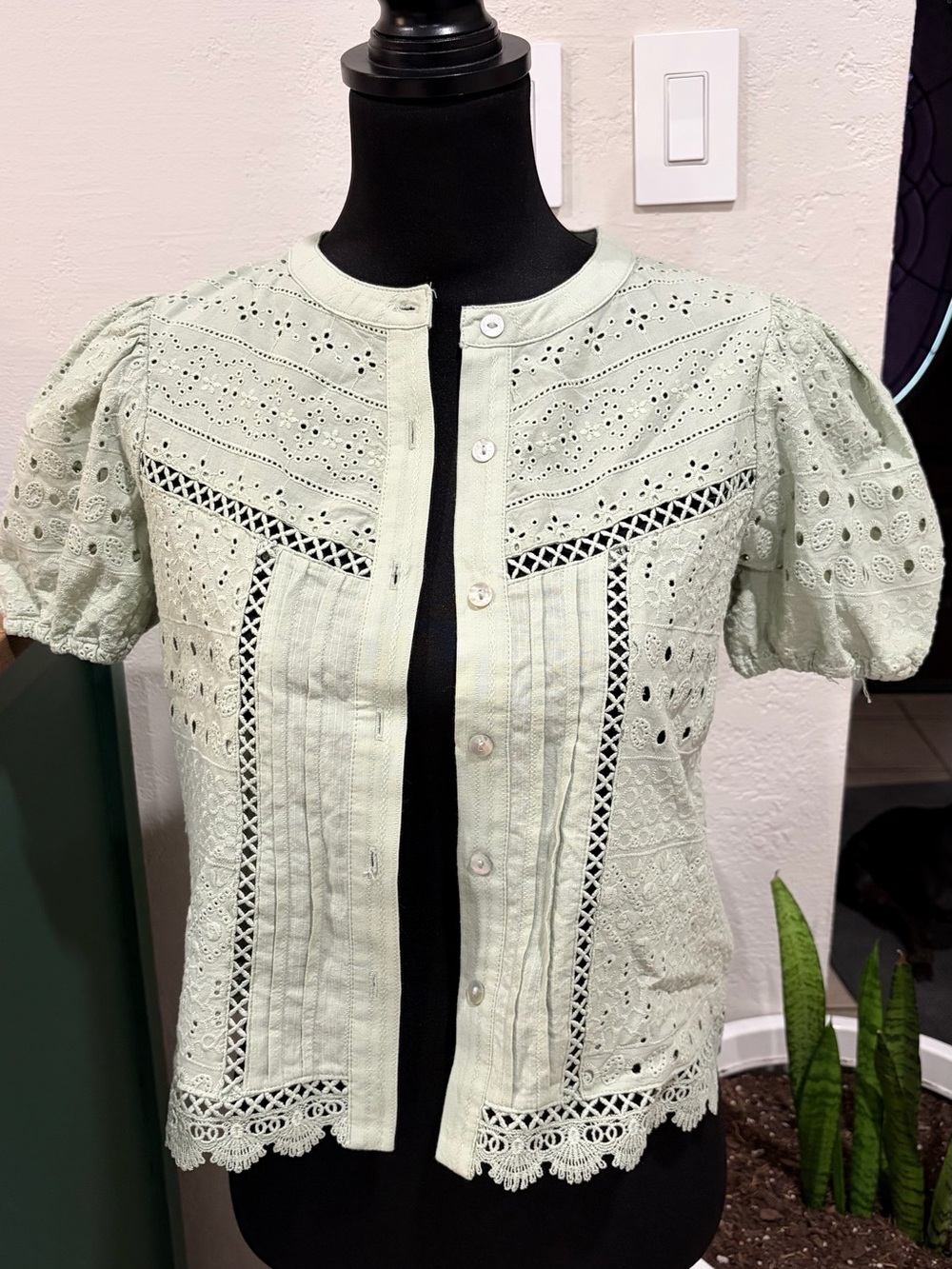 Women’s Lace Eyelet Puff Sleeve Button-Front Top in Mint